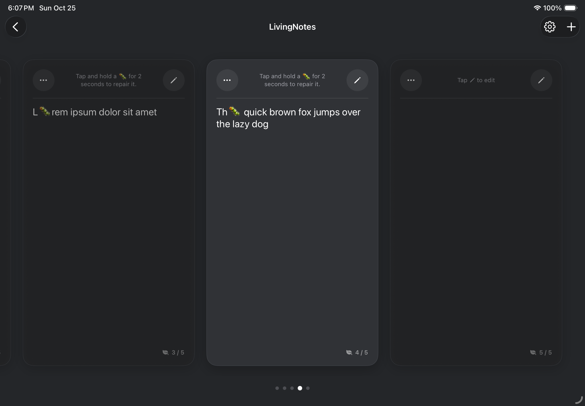 LivingNotes on iPad showing several short note cards in a horizontal rail