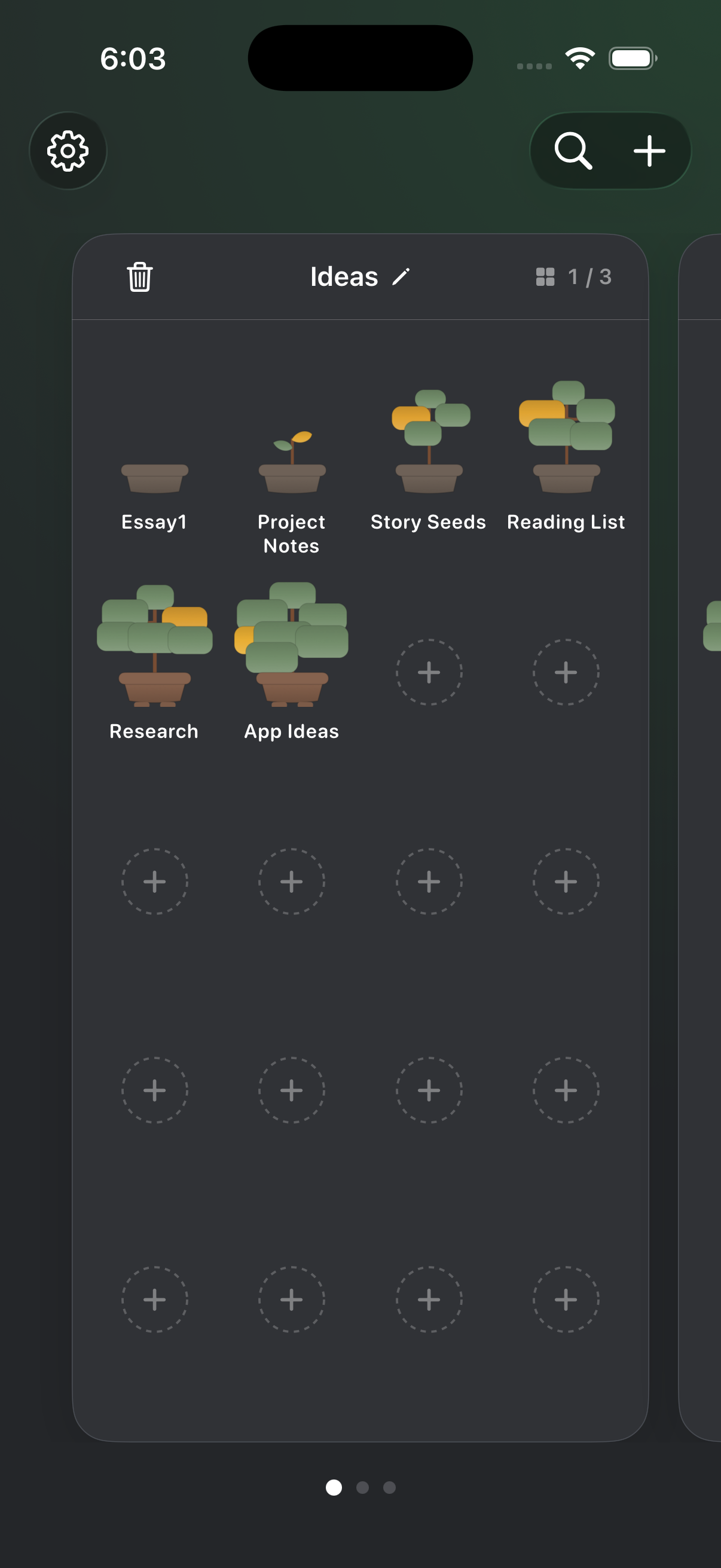LivingNotes on iPhone showing a visual garden of note collections