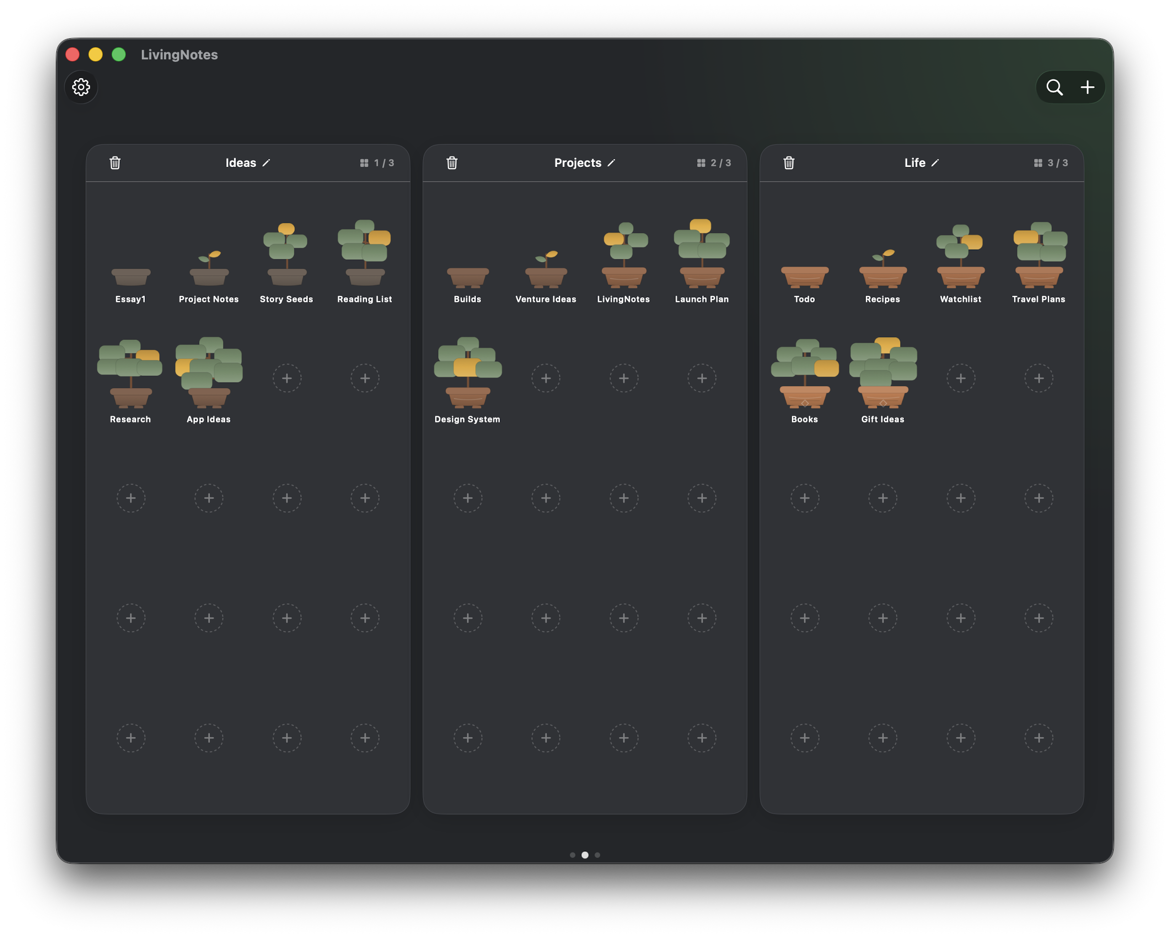 LivingNotes on Mac showing Ideas, Projects, and Life gardens