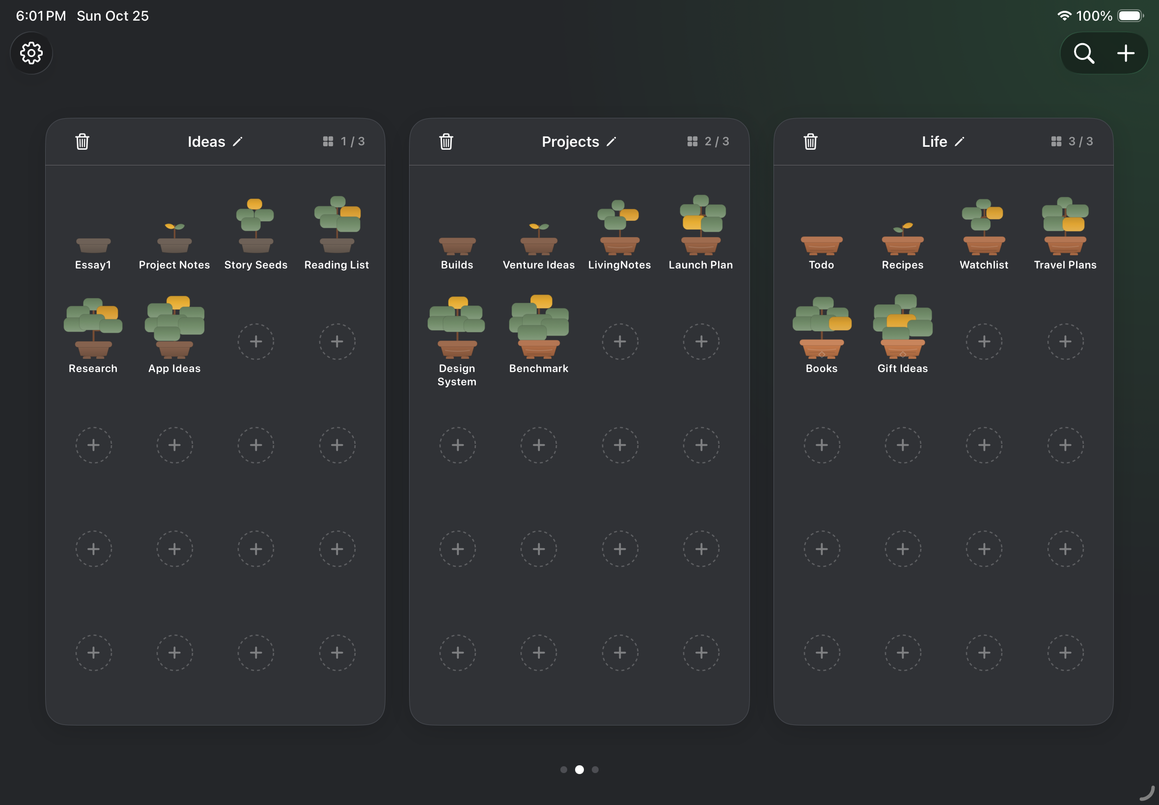 LivingNotes on iPad showing three garden sections